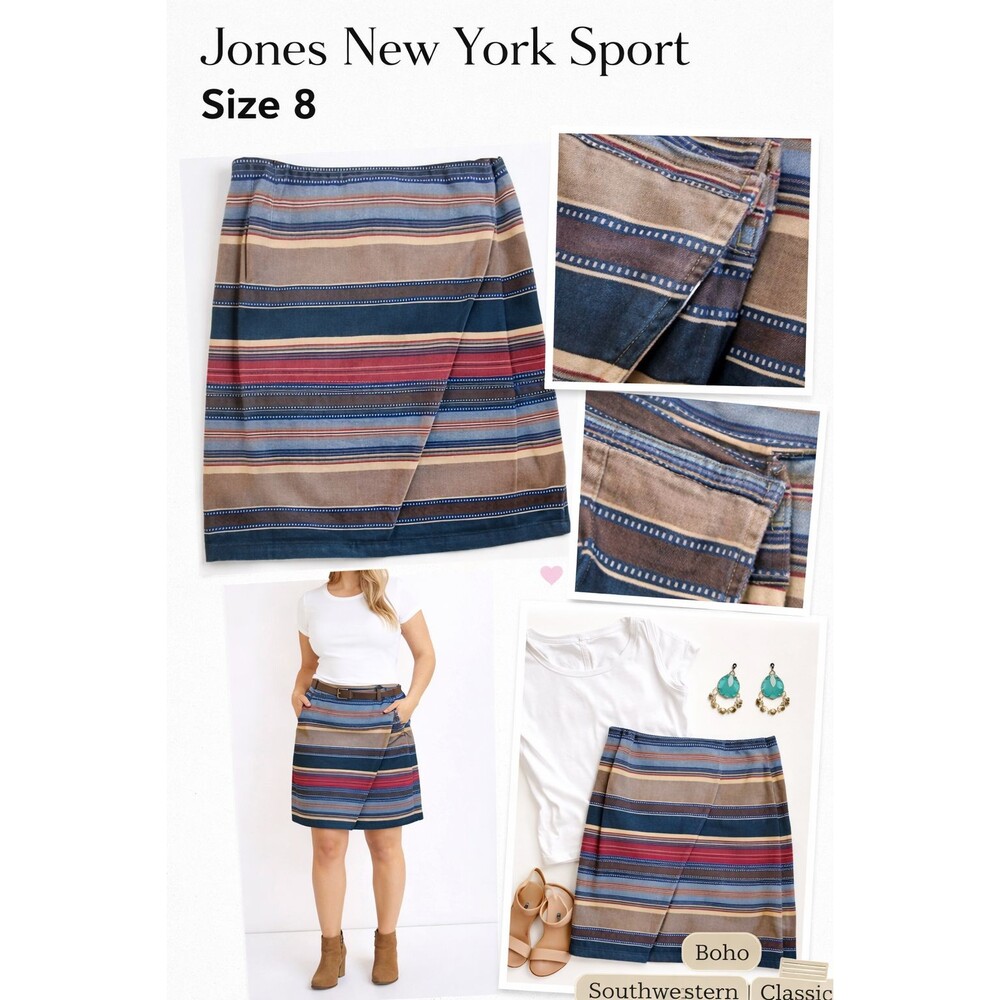 Jones New York Southwestern Wrap Skirt Size 8 Multicolor Striped Cotton Short